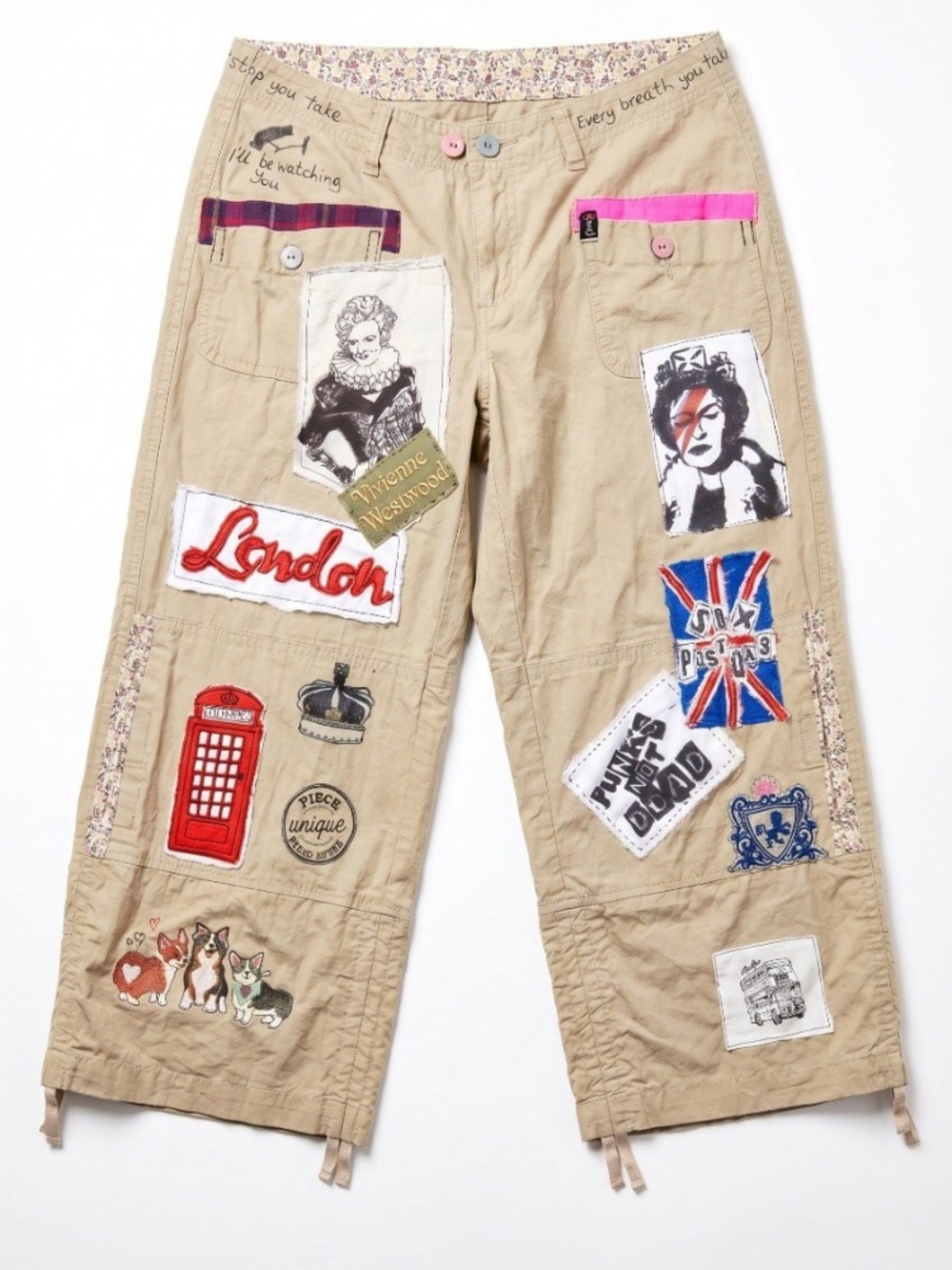 “London calling “ Pants with appliqué and patches